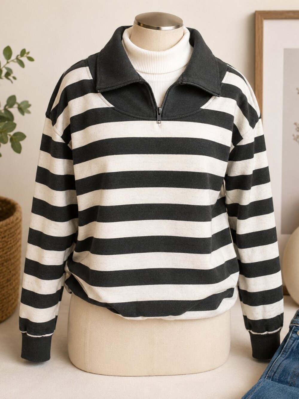Vintage AOK Co-Ed Rugby Sweatshirt Gray White Striped Collared Pullover Unisex